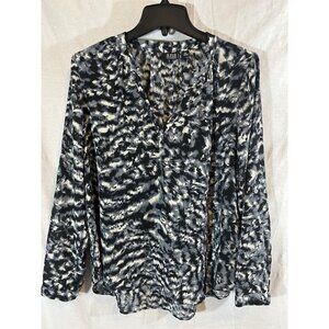 a.n.a Women's Petite Large Gray Tie Dye Print Long Sleeve V-Neck Blouse
